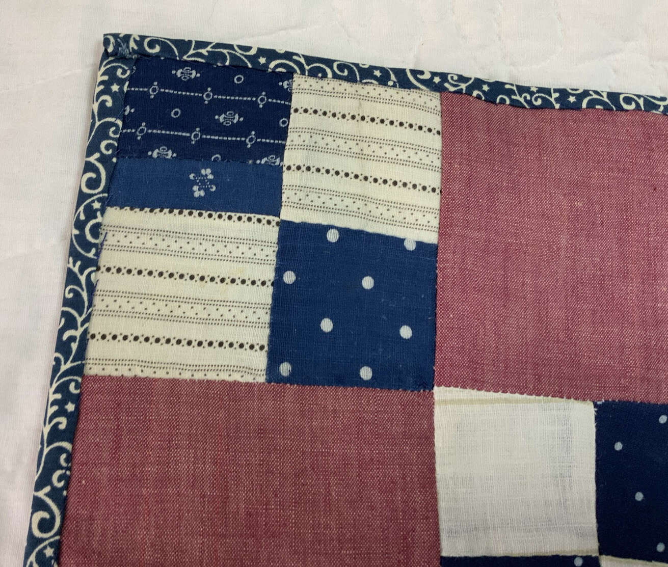 Antique Vintage Patchwork Quilt Table Topper, Four Patch, Early Calico Prints