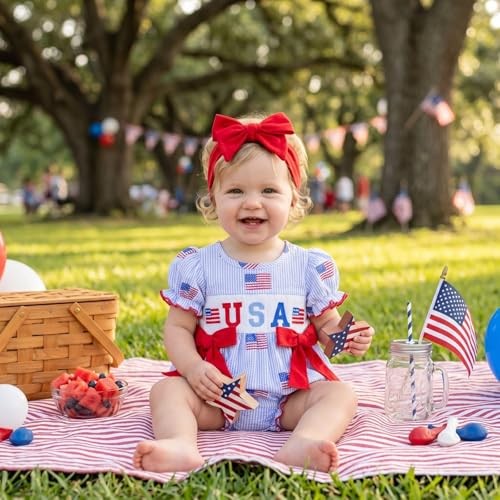 4th of July Baby Girl Outfit American Flag Romper USA Smocked 3-6 Months Blue