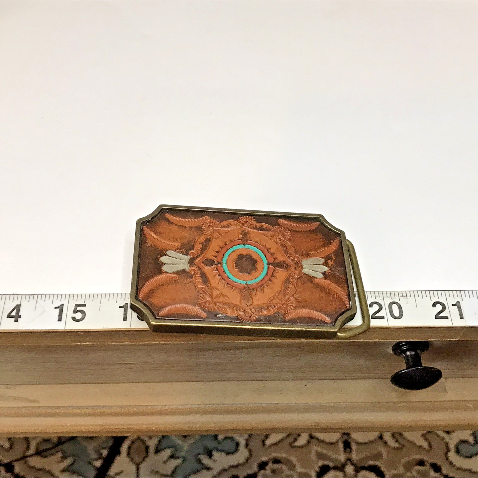 Vintage BTS Solid Brass & Leather Tooled Western Belt Buckle Made In USA (Z77)