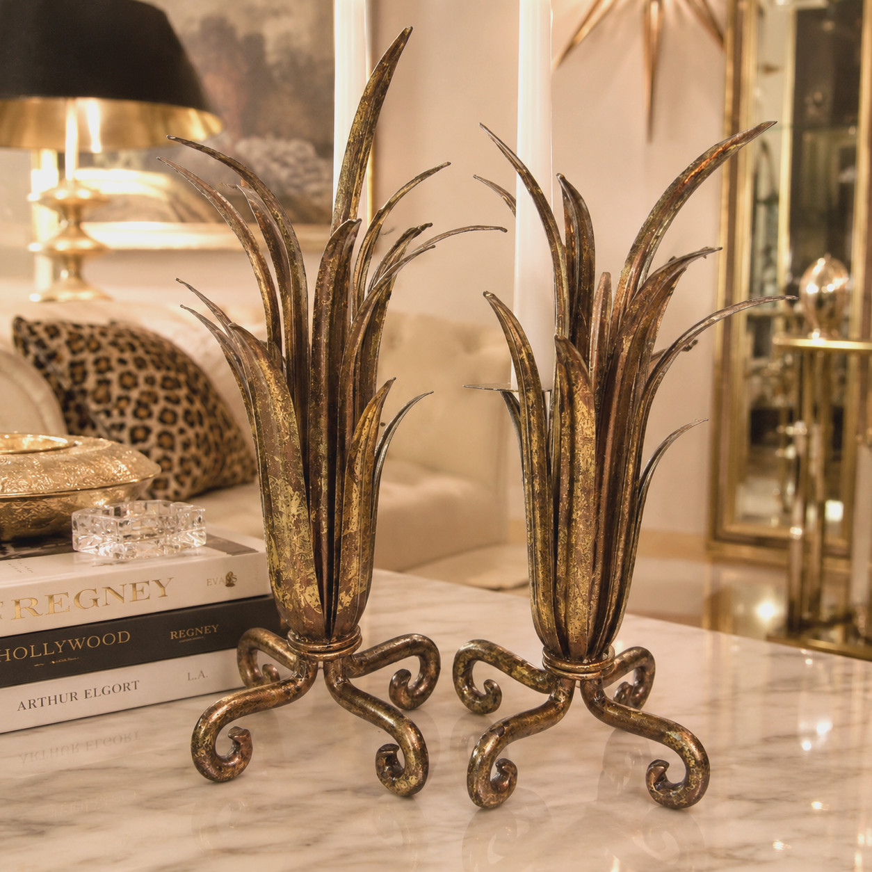 Hollywood Regency Wheat Sheath Gold Metal Tapered Candle Holders 11.75″ Tall