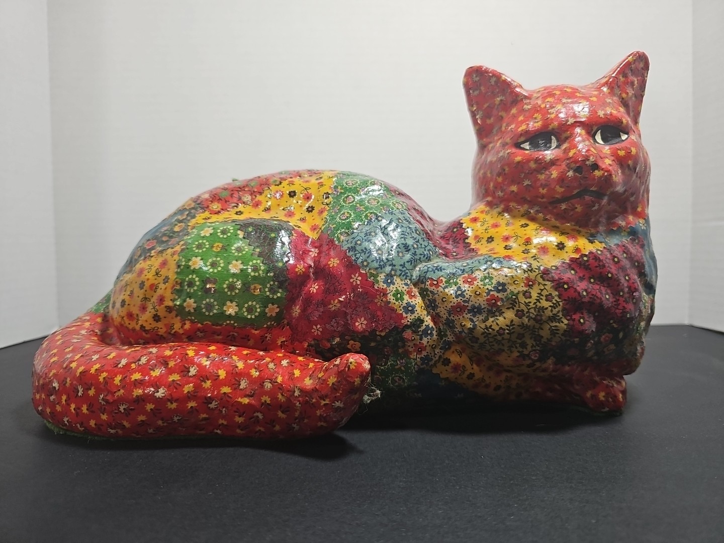 Large 6 1/2 Pound + Hand Made Colorful Floral Patchwork Cat Lover’s Figurine