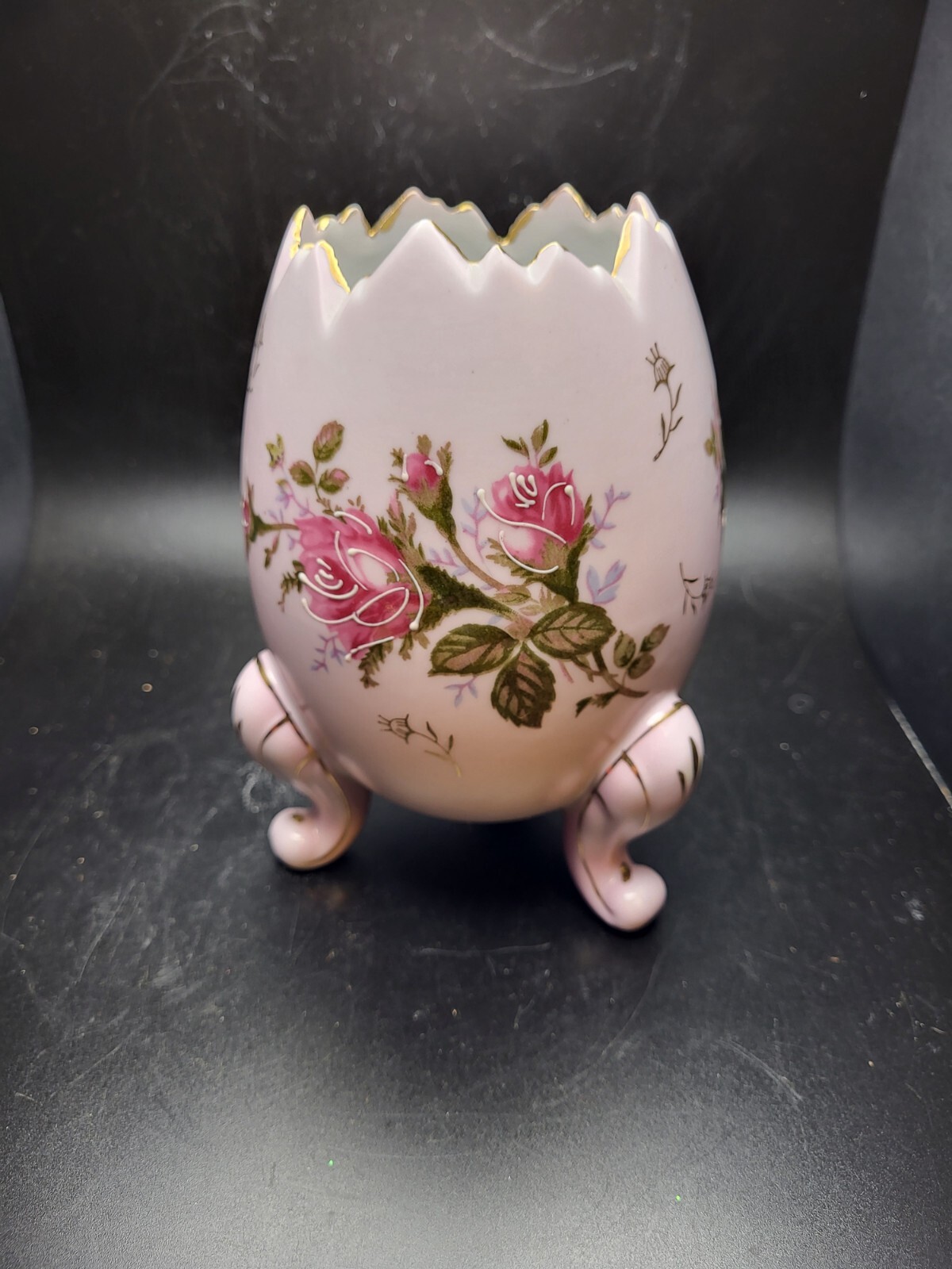 Cracked Egg Vase Moriage Pink Roses Porcelain Gold Trim Handpainted Vintage