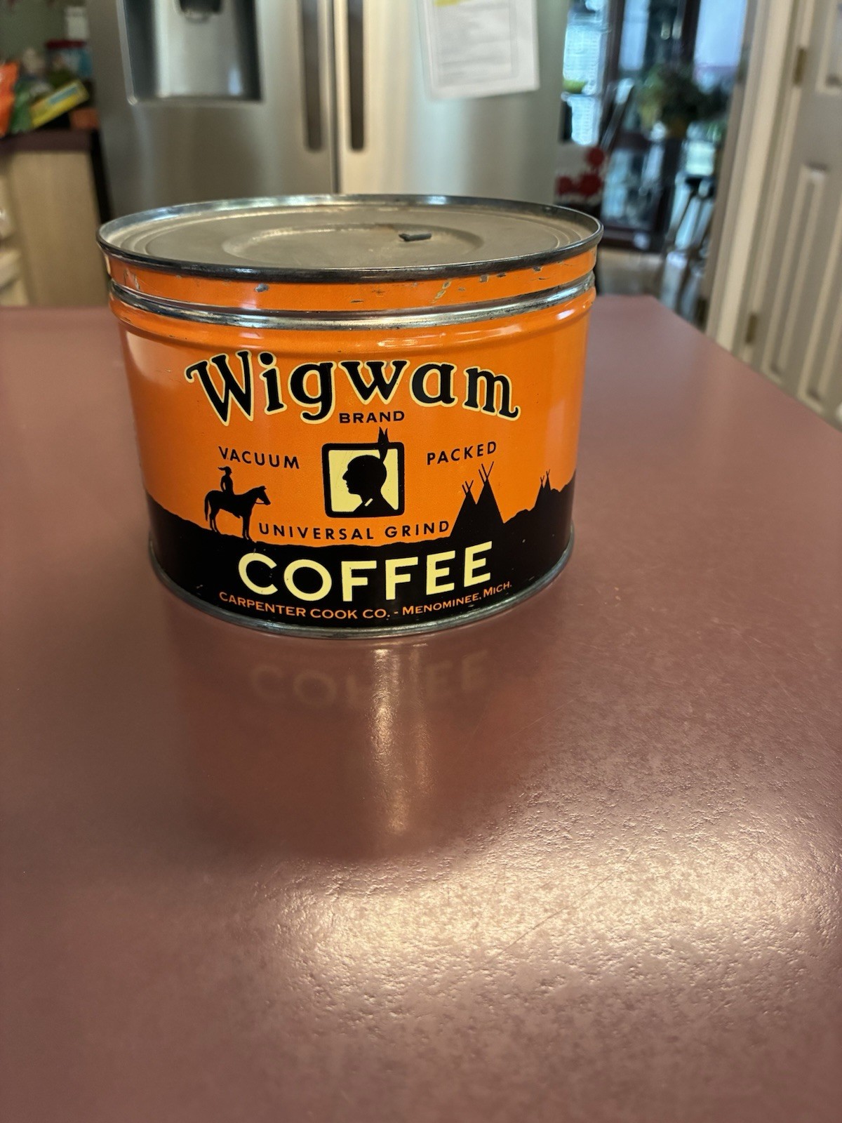 VINTAGE ALL METAL 1 LB. KEYWIND WIGWAM COFFEE TIN CAN MENOMINEE MI. TEEPEE’S