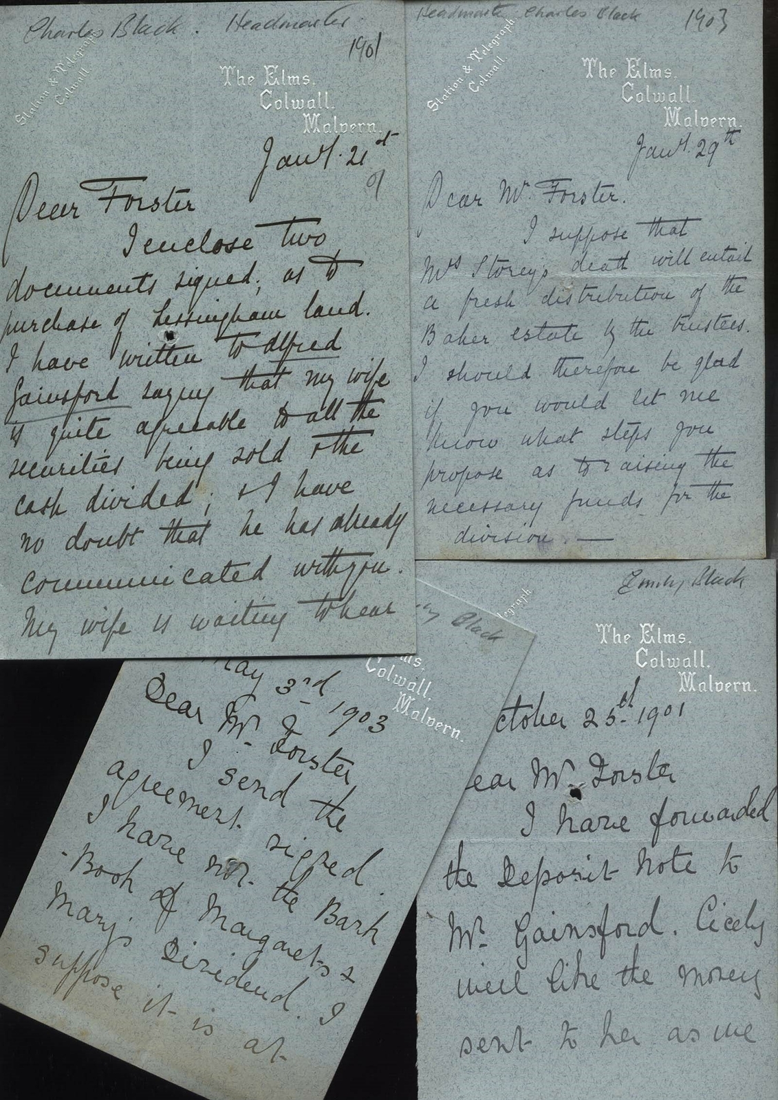 1901-03 THE ELMS Prep School, Colwall, Malvern, 4 letters Charles & Emily Black