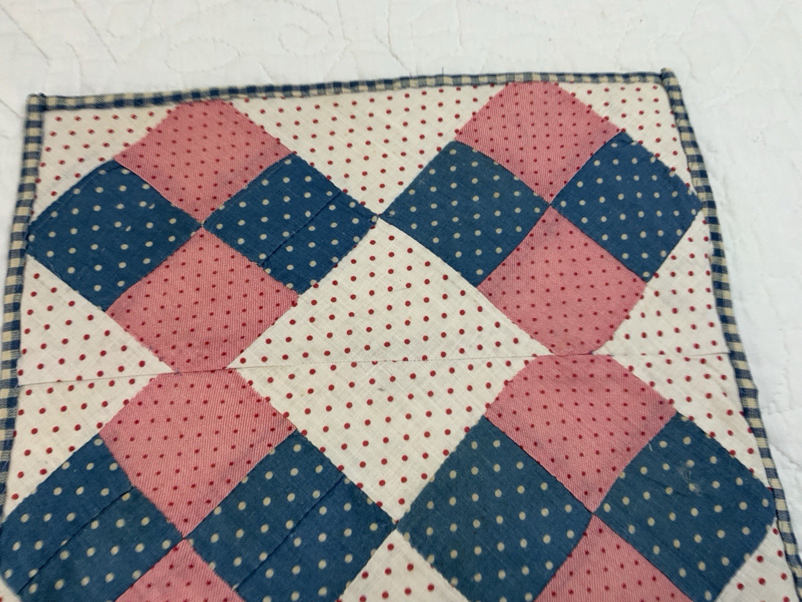 Vintage/Antique Patchwork Quilt Table Topper, Four Patch, Pink, Blue, Dots