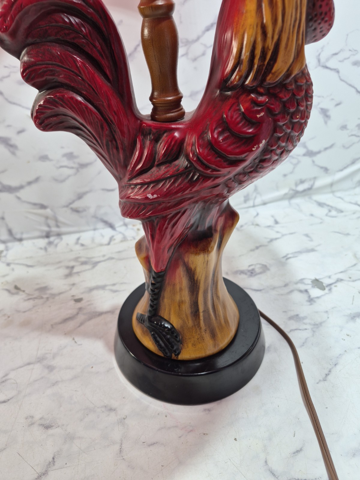 Mcm 1960s Chalkware Rooster Table Lamp Turned Wood Farm Decor