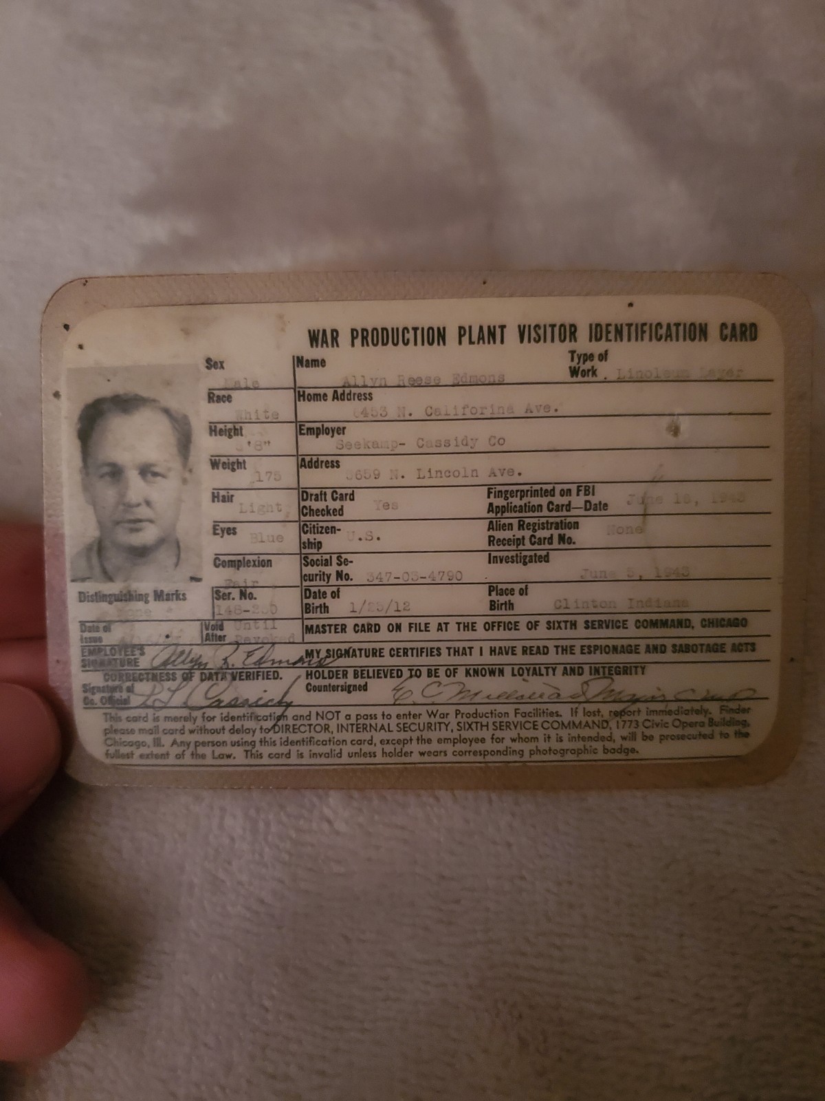 Vintage WW2 War Production Plant Visitor ID Identification Card US Army Rare
