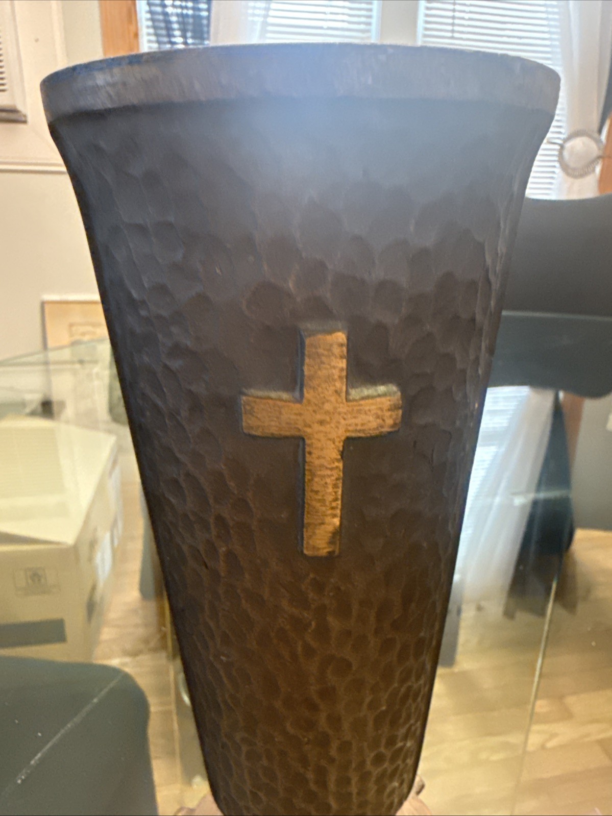 1 Solid Hammered Bronze Cemetery Memorial Flower Vase *Heavy *Cross *Dark Brown