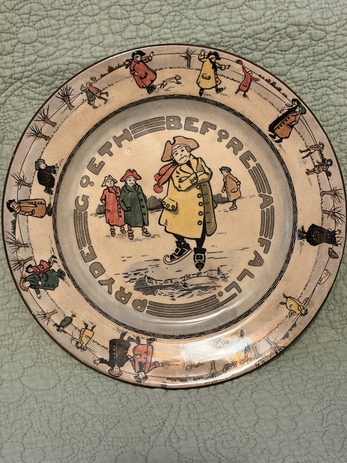 Royal Doulton D2789 Skating Pryde Goeth Before A Fall 10 3/8″ Dinner Plate 1908