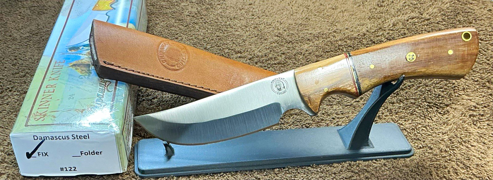 Chipaway Cutlery Fixed Blade Clip Point Knife Damascus Steel Wood Handle Sheath