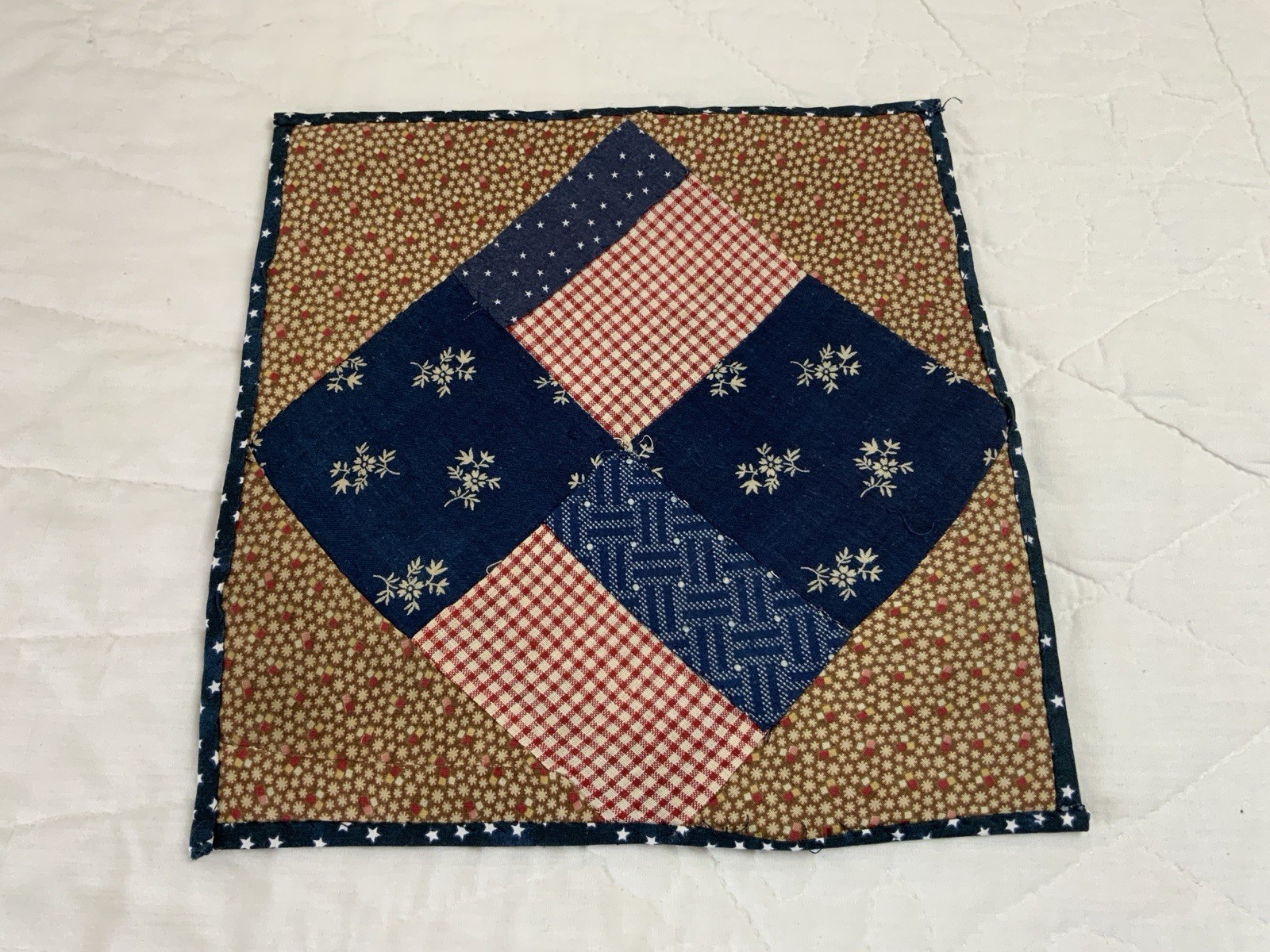 Antique Patchwork Quilt Table Topper, Four Patch, Early Calicos, Brown, Navy