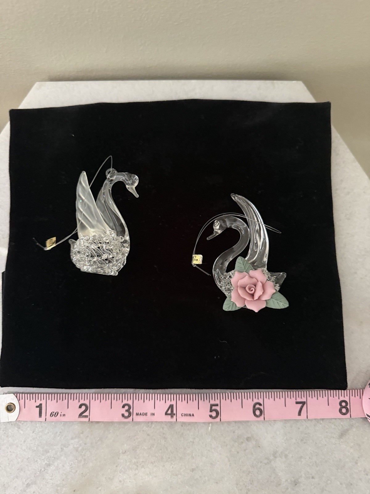 Set Of 2 Glass Swan Ornaments. Made In Taiwan. Window Ornaments, Tree Ornaments.