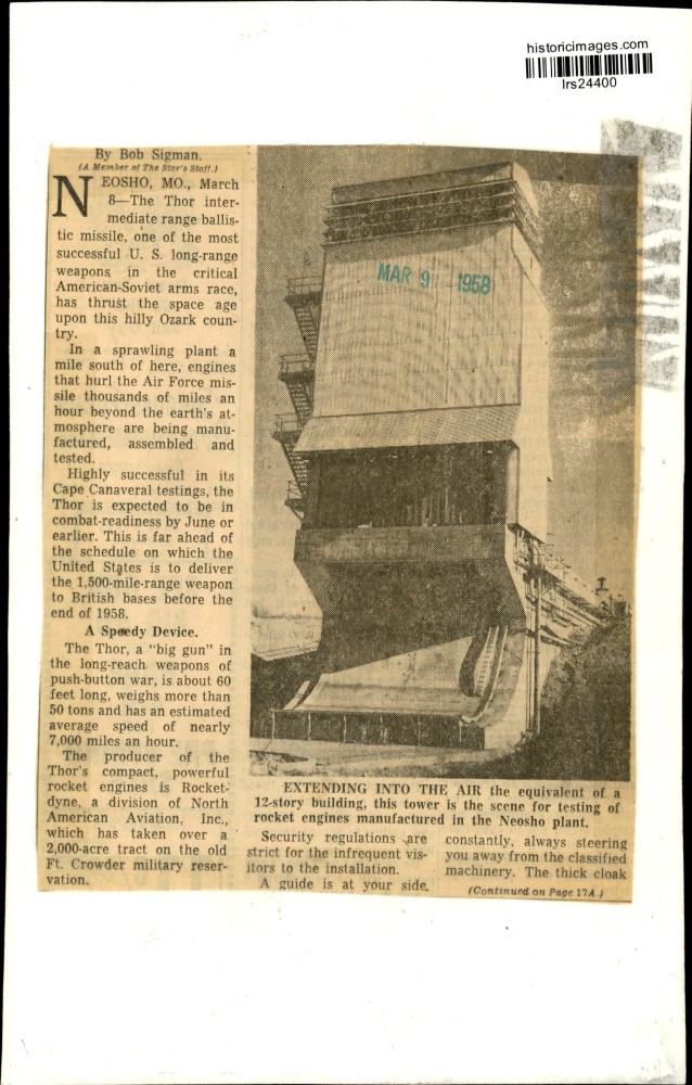 1958 Press Photo Rocket testing tower at the Neosho plant in the Missouri Ozarks
