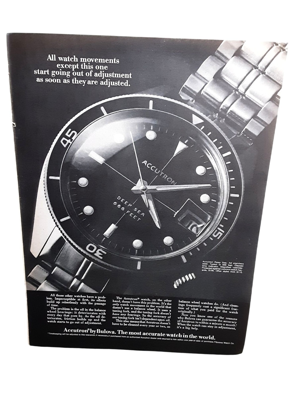 1970 Accutron Deep Sea Watch Print Ad Bulova Tuning Fork Vintage