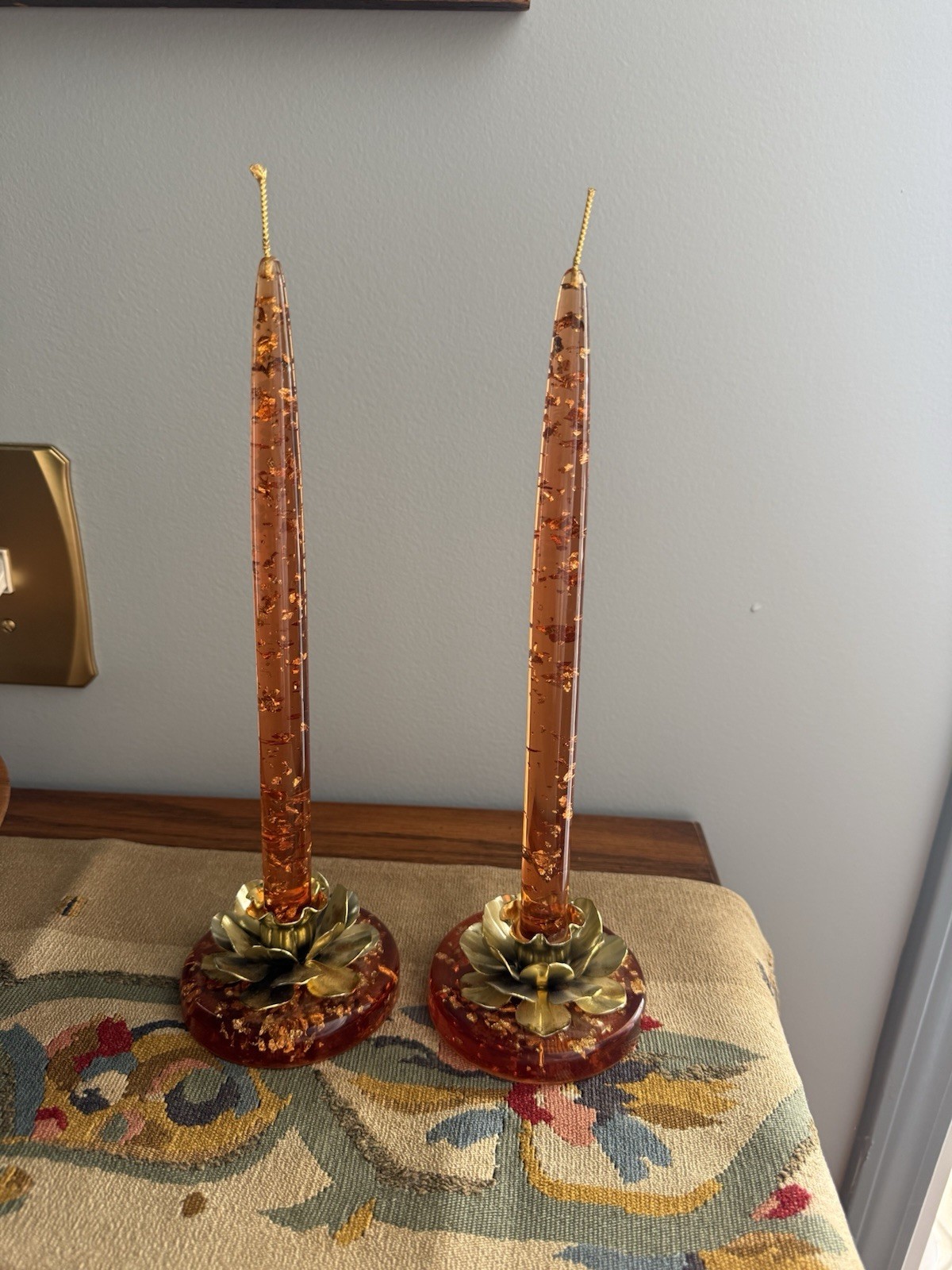 Lucite candles with holders orange set of 2 MCM 1960’s