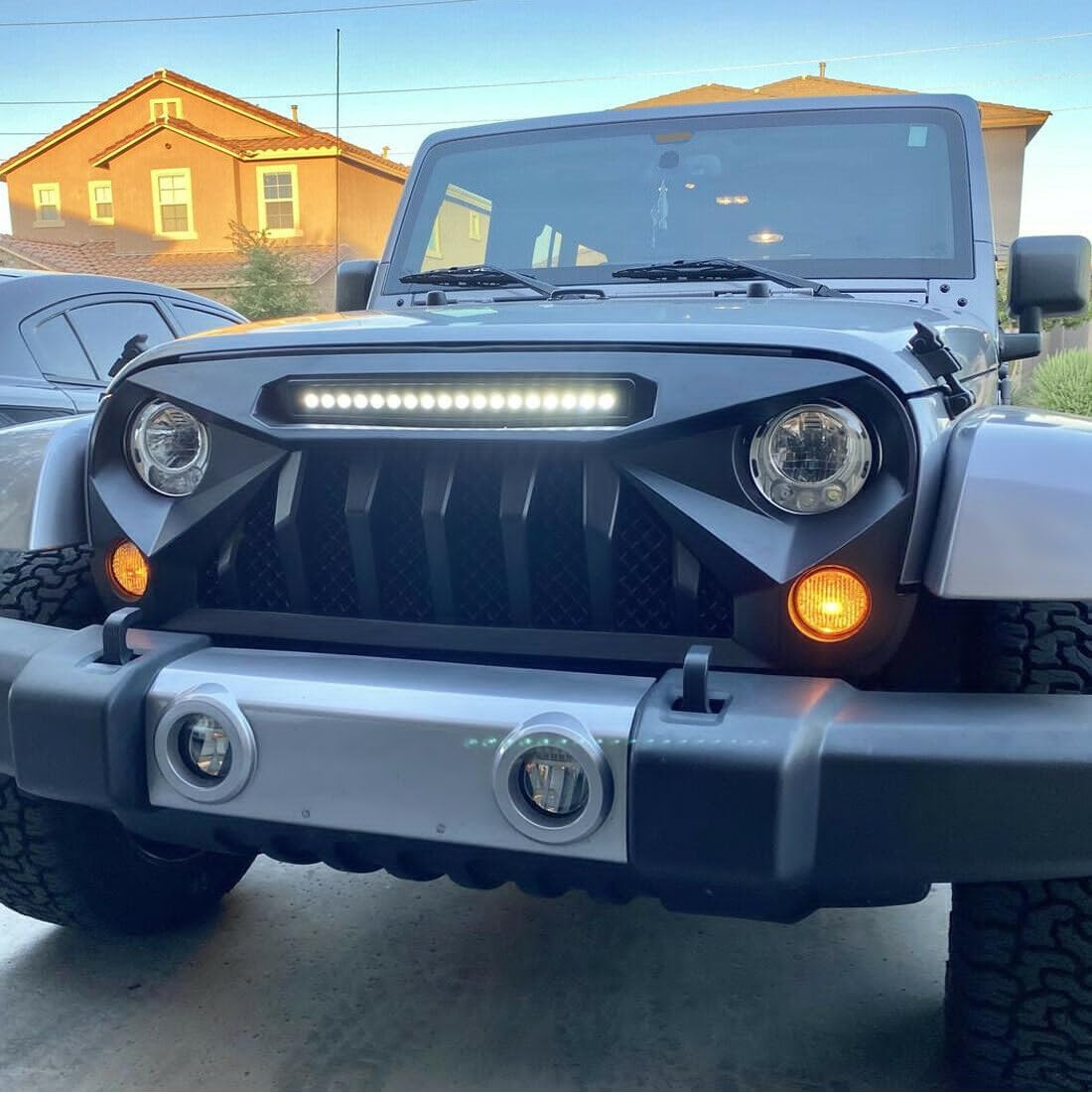 Front Grille with Offroad Lights Compatible with 2007-2018 Jeep Wrangler Rubicon