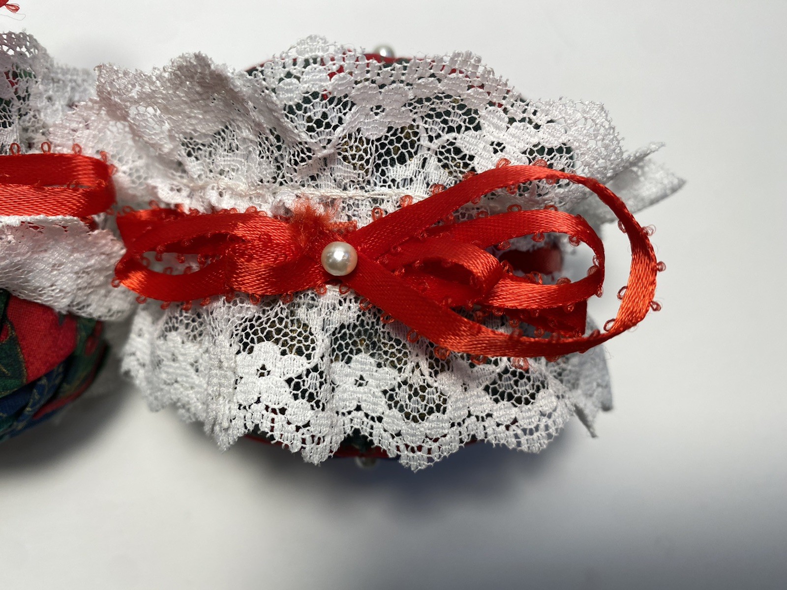 3 Vintage Handmade Folded Star Quilted Patch Red White Christmas Ball Ornament