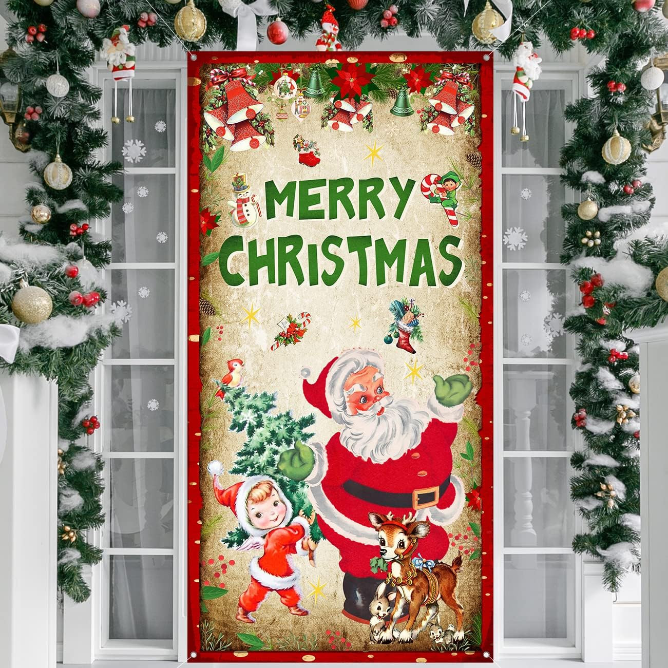 Vintage Merry Christmas Door Cover Backdrop with Santa Claus Elk Christmas Tree