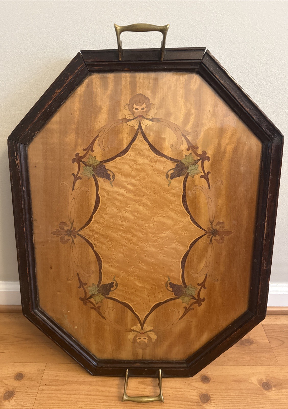 Antique Wood marquetry Inlay Cocktail Serving Tray Large 22.5”x17.5” (SEE PICS!)