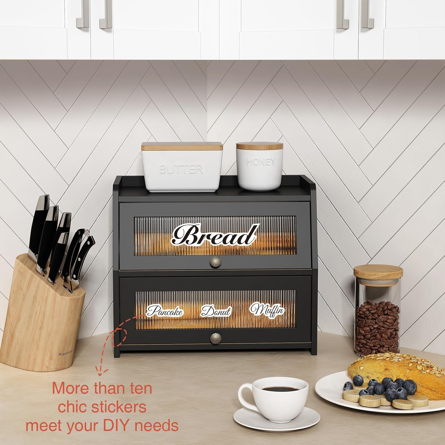 Large Bread Box for Kitchen Countertop, Black Bread Storage Container for Homema