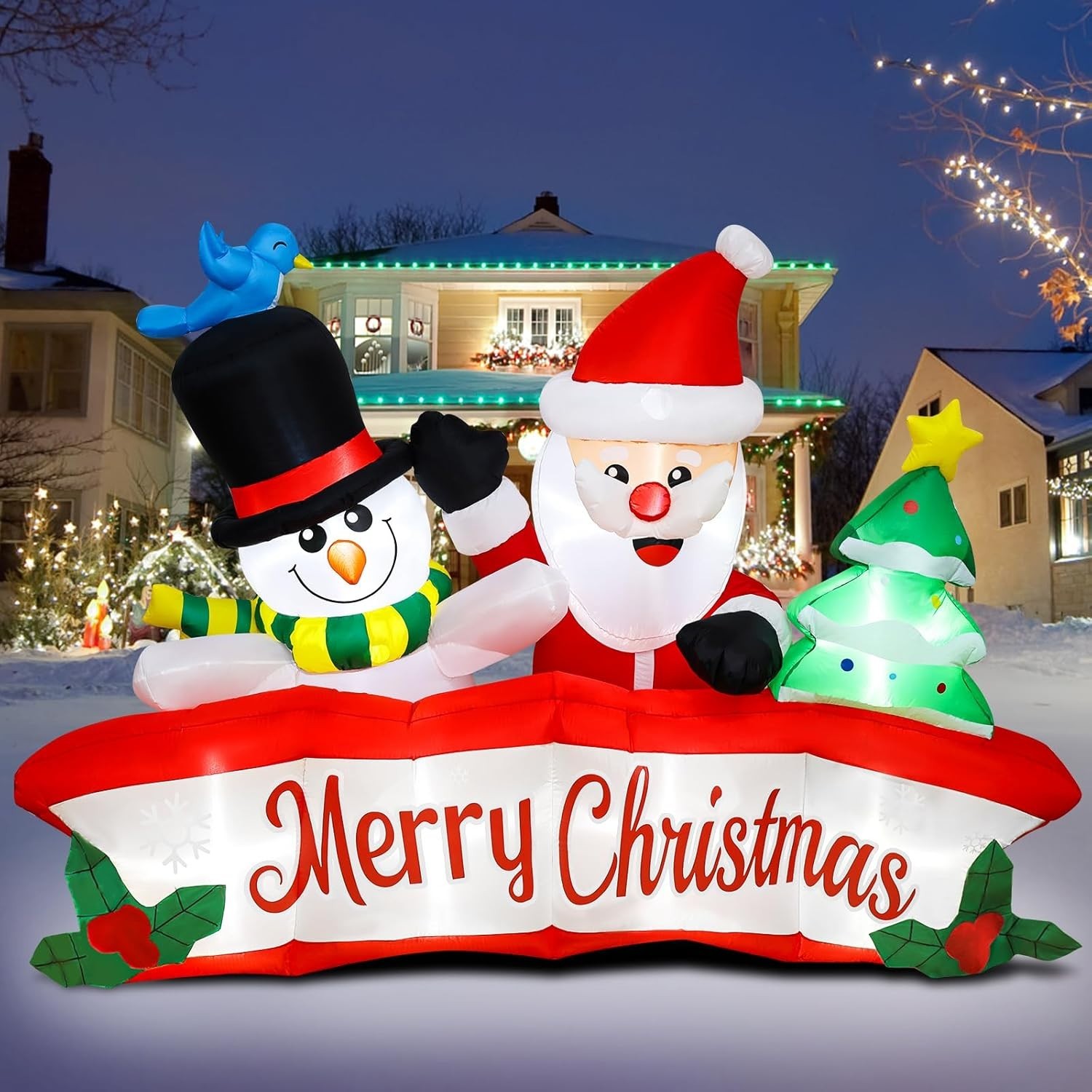 8FT Long Inflatable Santa Tree Merry Christmas Banner LED Outdoor Decoration