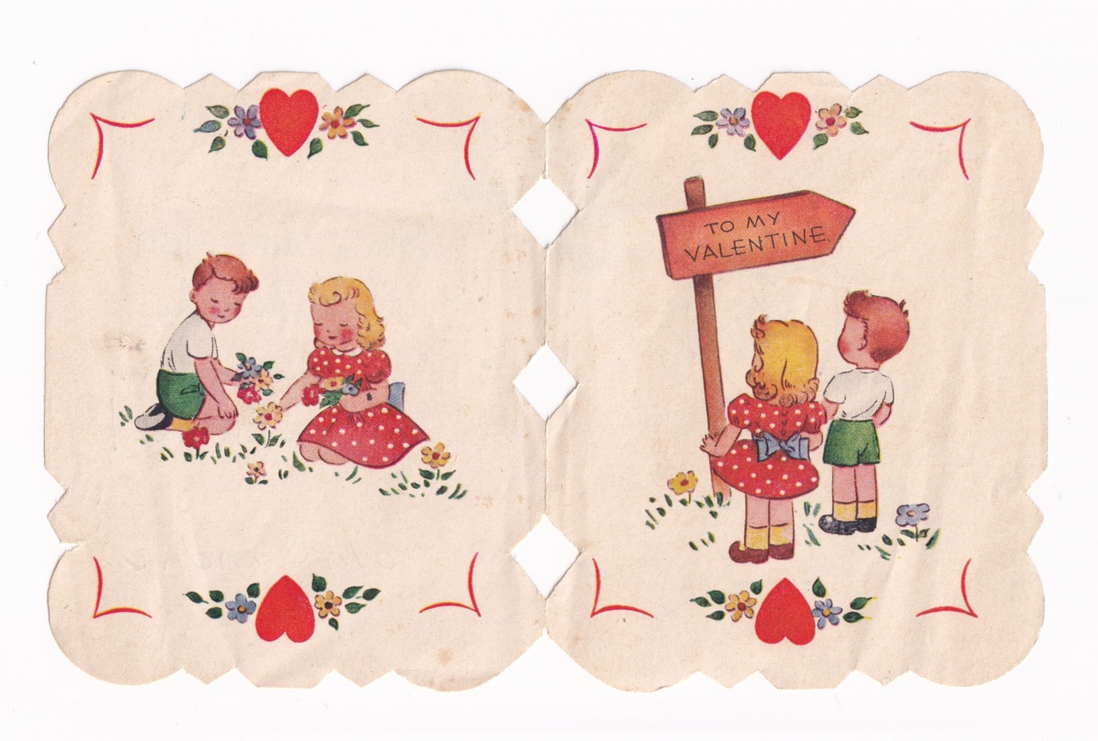 Vintage A-Meri-Card Valentine Card Its A Sure Sign Boy Girl Picking Flowers