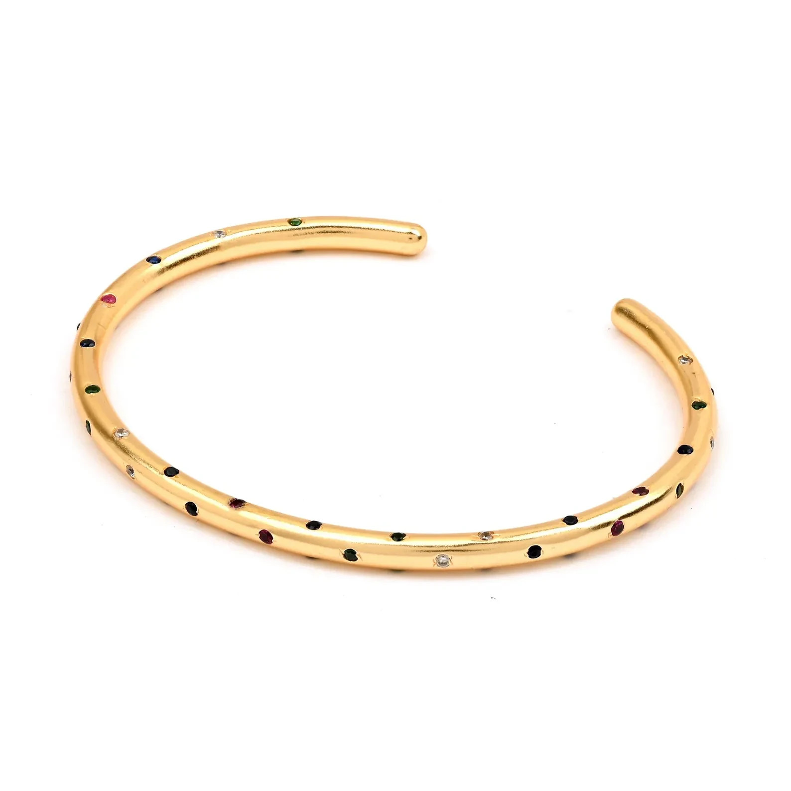 Multi-Gemstone Open Cuff Design Bangle Bracelet in 18K Yellow Gold Over 7.5″ Her