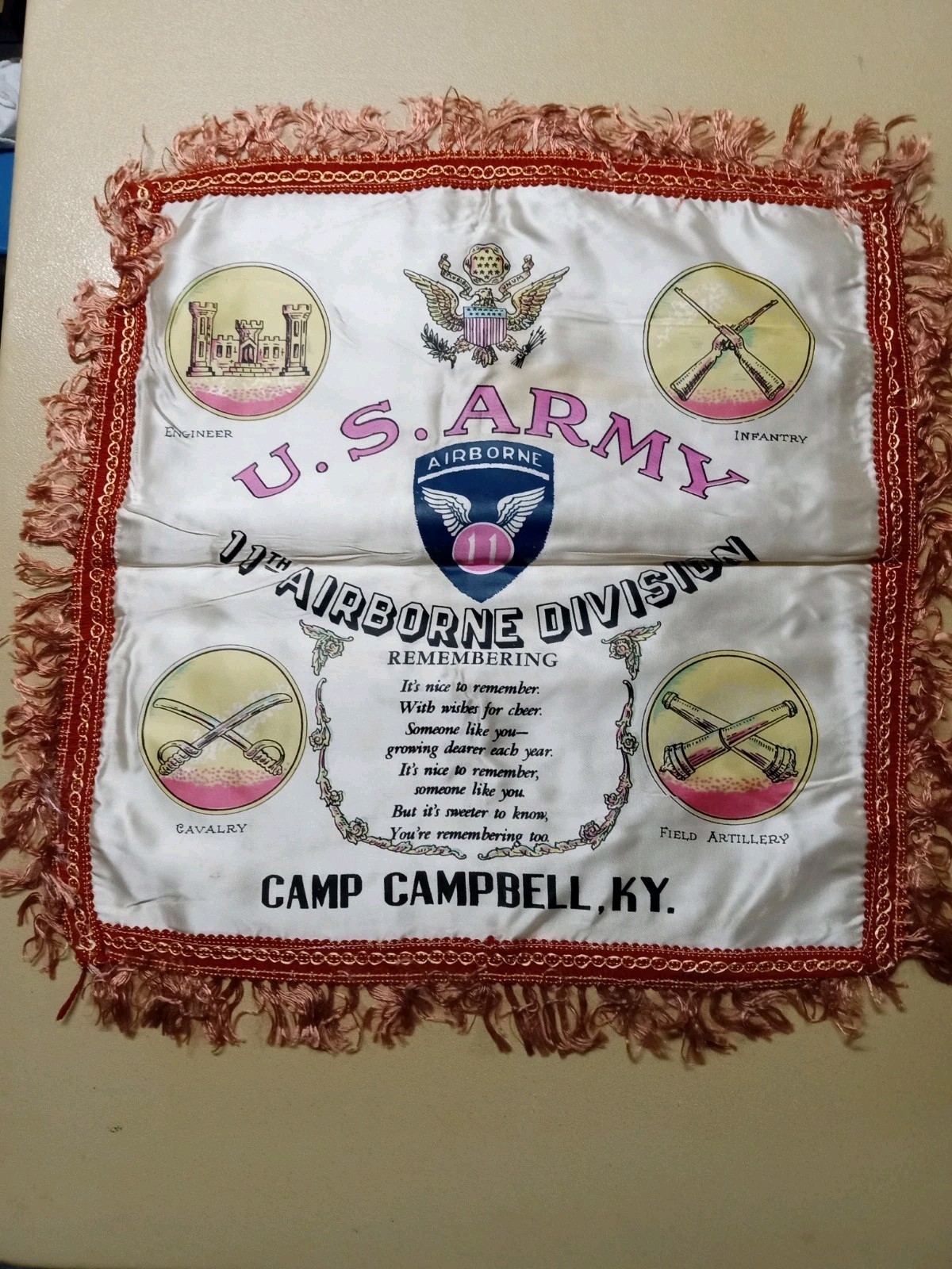 WW2 US ARMY 11TH AIRBORNE DIVISION CAMP CAMPBELL, KY. WWII PILLOW SHAM / COVER