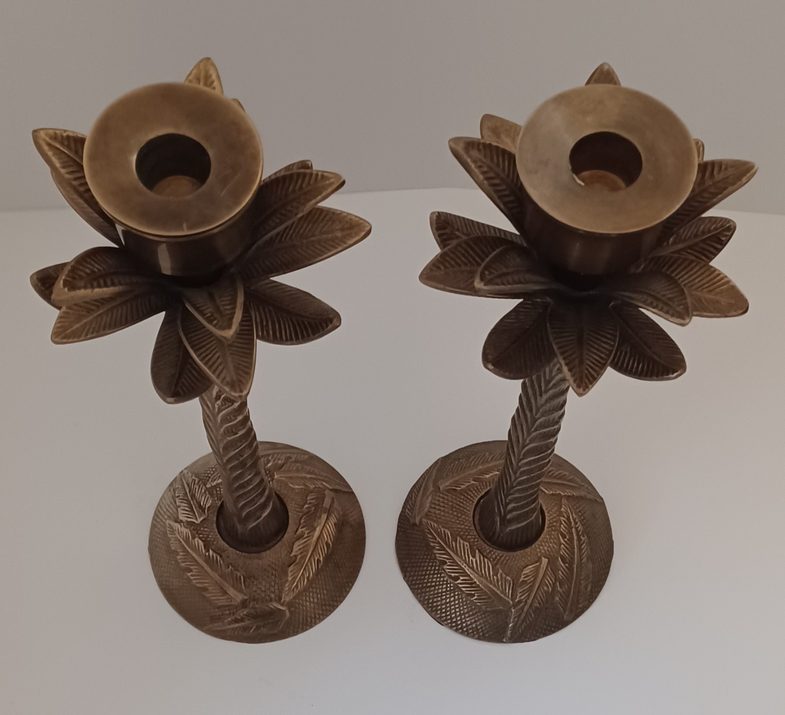 Vtg India Brass Palm Tree Candle Holders Candlesticks 13″ Pr Palm Beach Regency