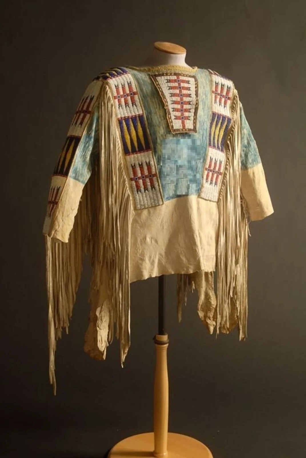 Native Old Style Beige Buckskin Suede Hide Fringes Beaded Powwow War Shirt NHS10