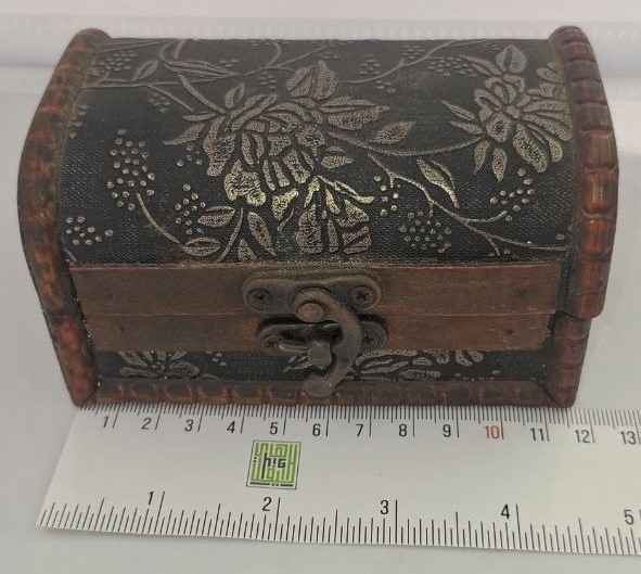 Vintage Wood Jewelry Box, Brown with Gold Floral Etching, Antique Keepsake Chest