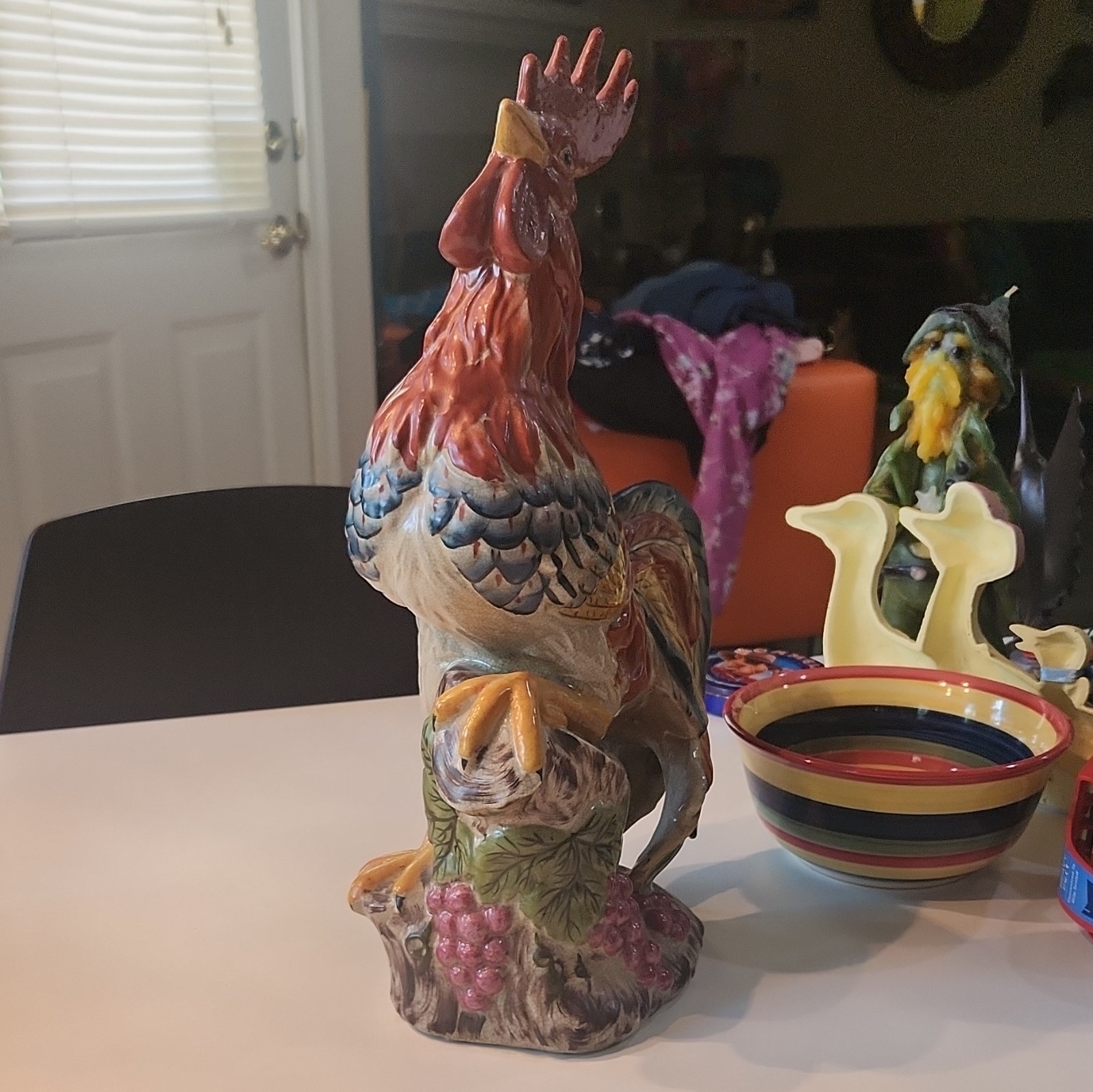 Porcelain Multicolor Rooster Chicken Figurine Sculpture W/ Grape Vine Base