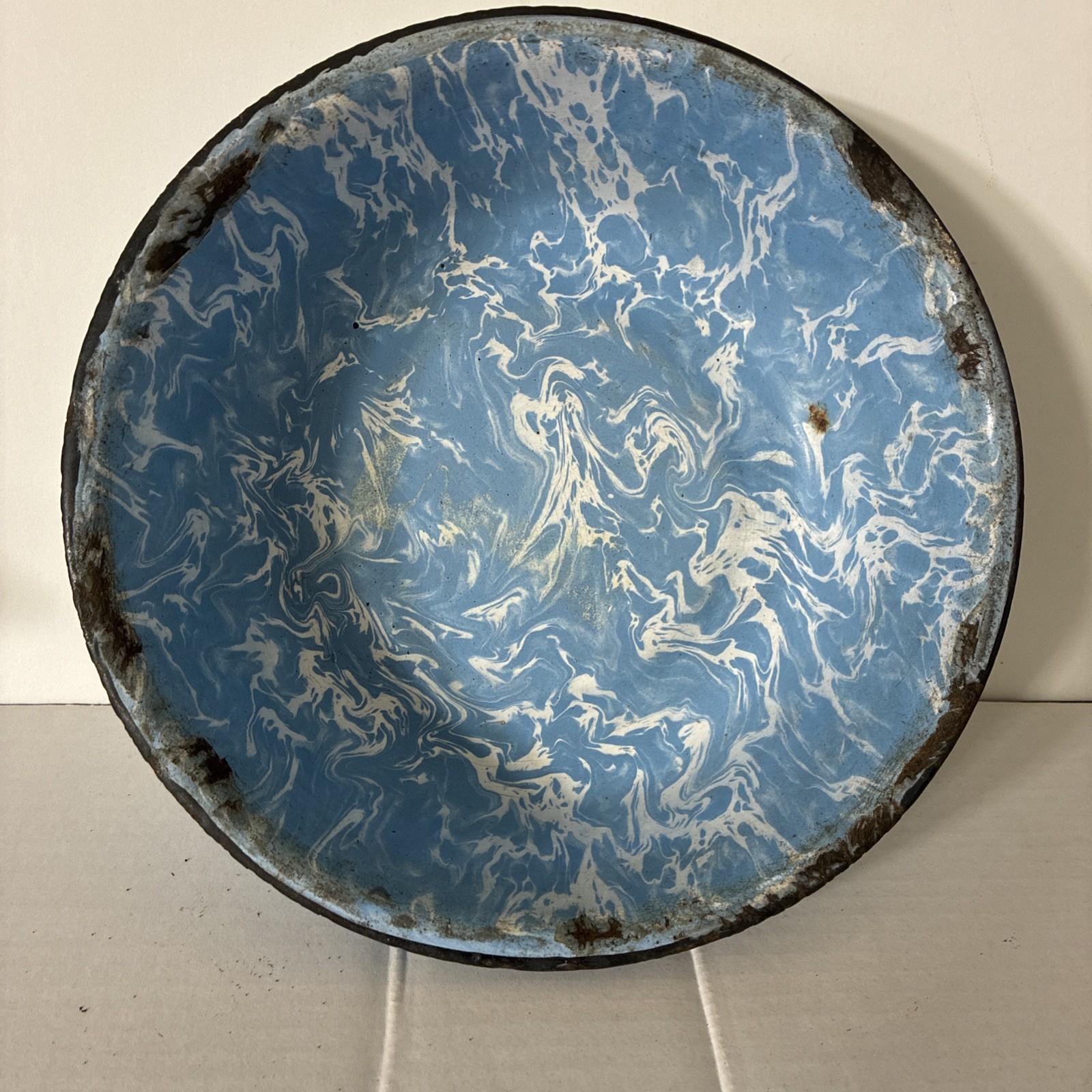 Antique Enamelware Graniteware Blue White Swirl Pattern Pan Bowl