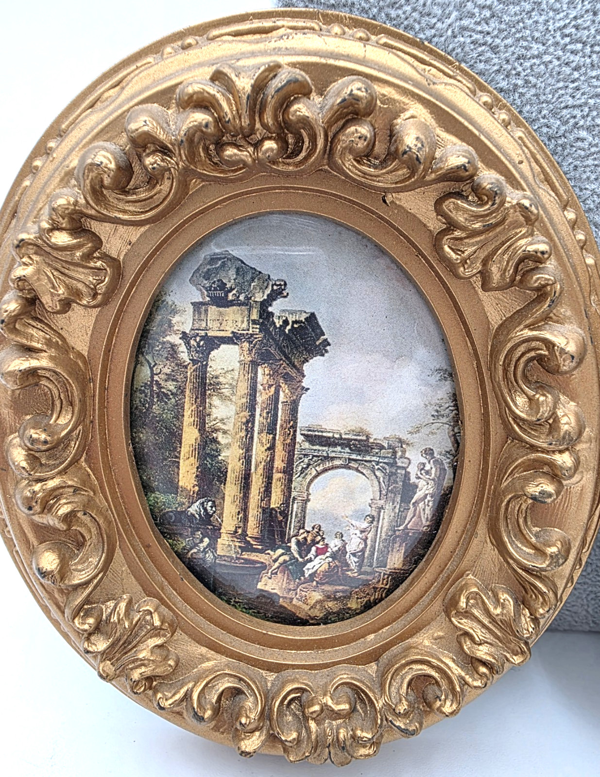 Gold Rococo Oval Gallery Wall Plaques Classical Ruins Prints Pair VTG Decor 5×4″