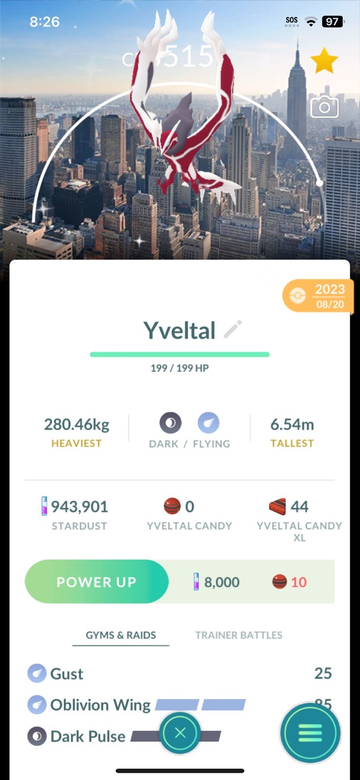 Pokemon Shiny Yveltal New York Background lvl 37-Trade Registered or mil stardst