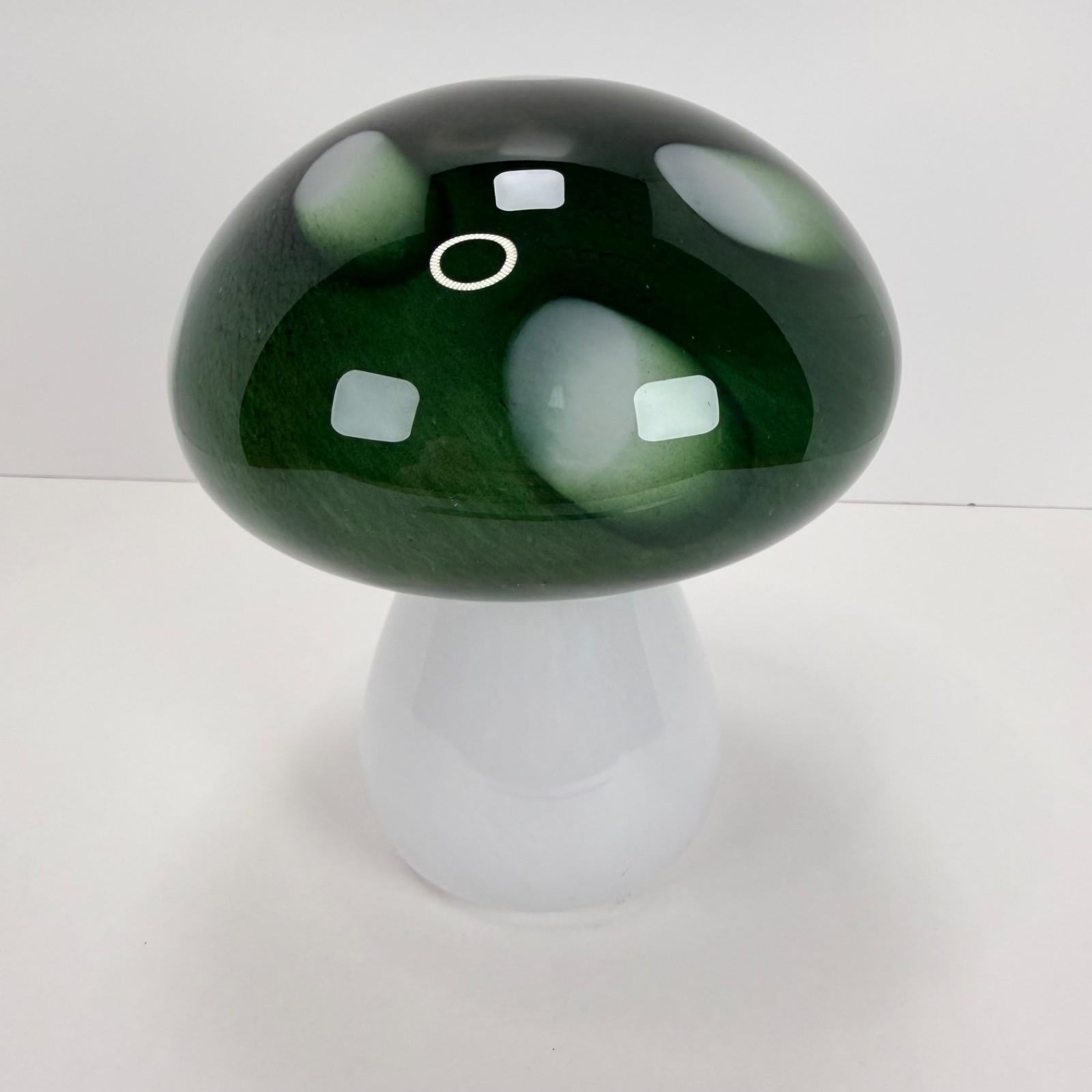 Vintage Style HQT Green White Hand Blown Glass 7″ Mushroom Figurine Paperweight