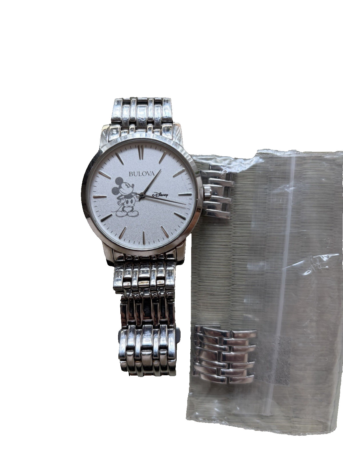 Bulova Disney Mickey Mouse Theme Silver-Tone Metal Bracelet Wristwatch