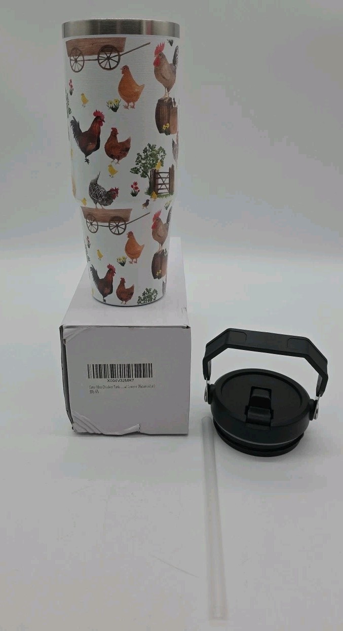 Chicken Rooster Tumbler Handle Straw 30oz Stainless Steel Insulated Hand Painted