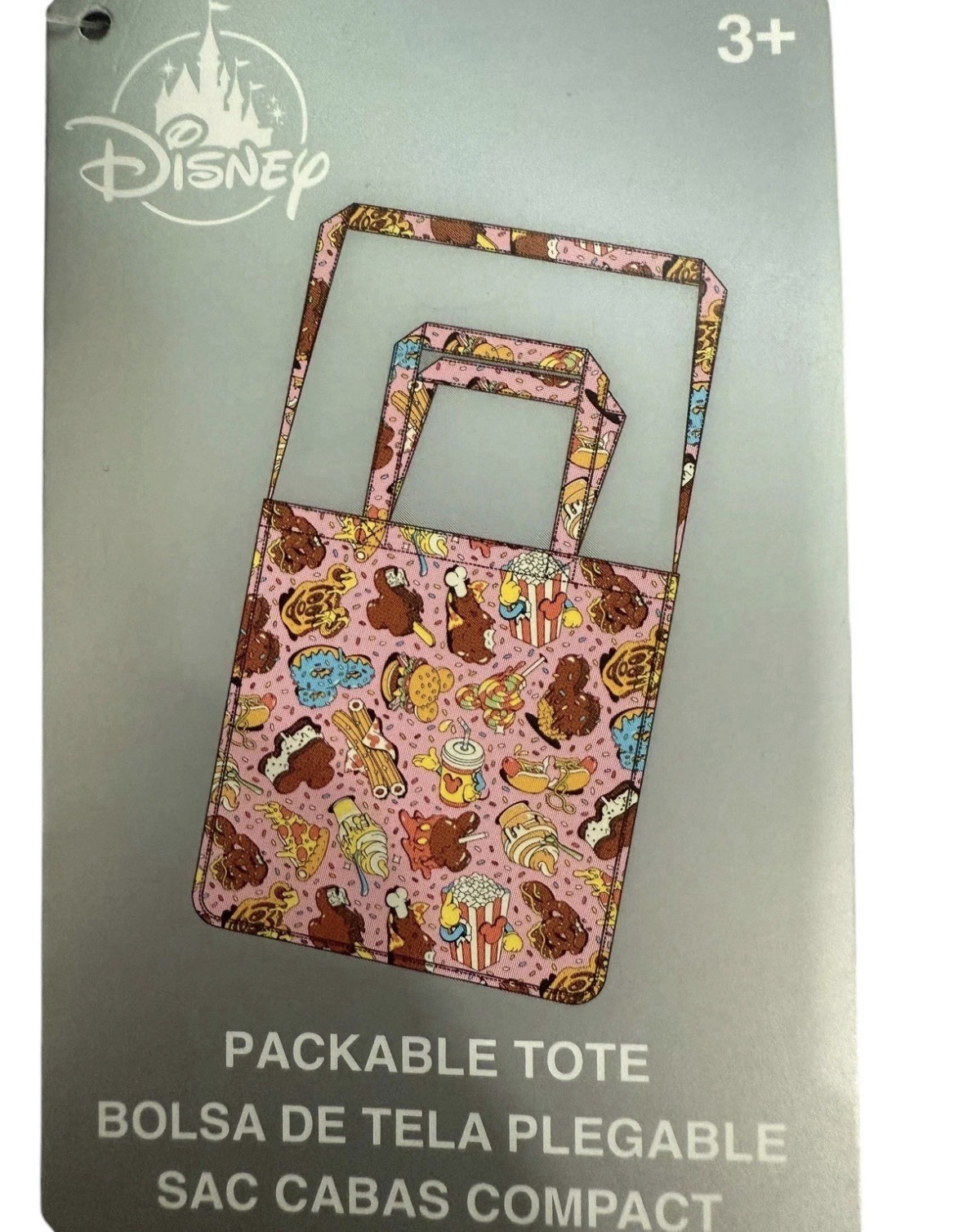 Disney Eats Mickey Mouse Packable Tote Bag Pink Multicolor Snack Pattern