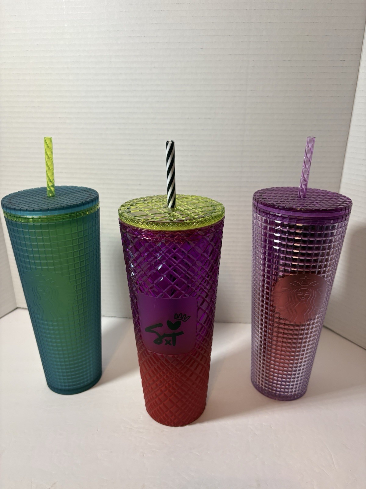 Lot Of 3 Starbucks Grid Gradient Pink & Purple & Green Tumblers, Cup 24 oz