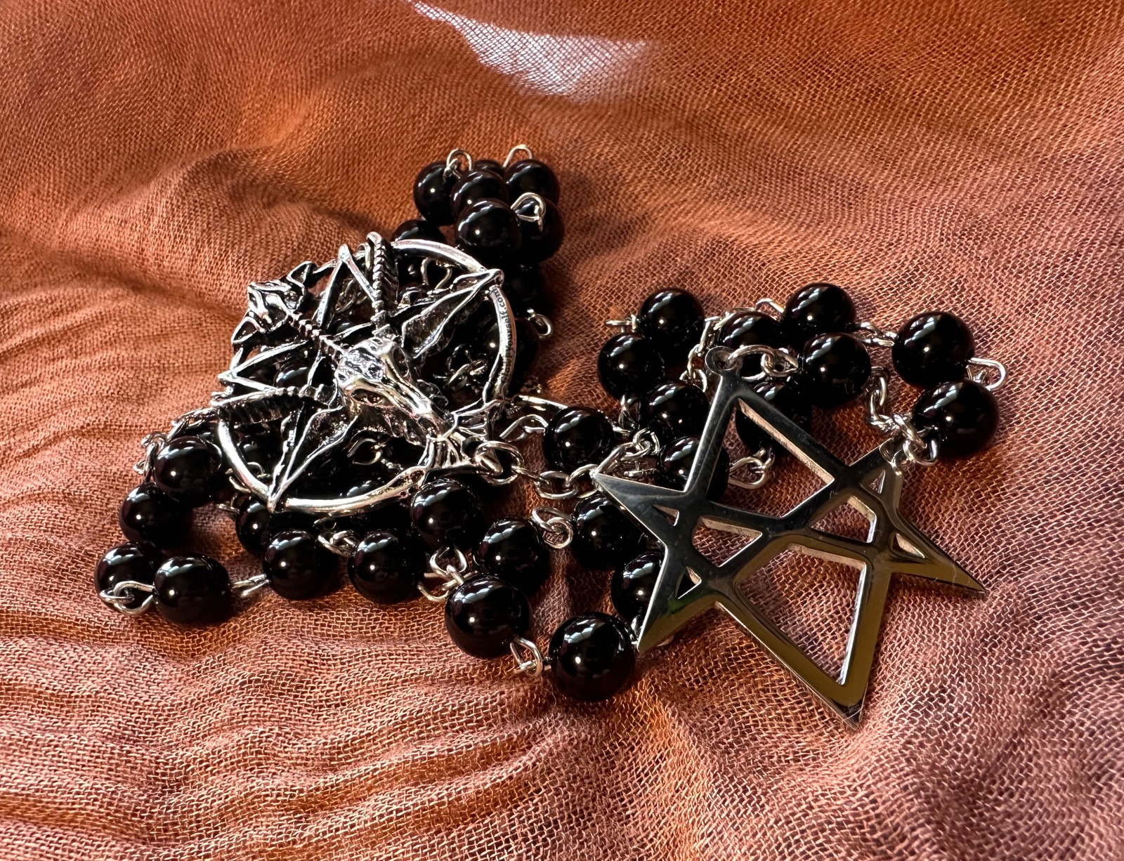 Black and Silver, Baphomet Center, Unicursal Hexagram Star Rosary Hail Satan 666