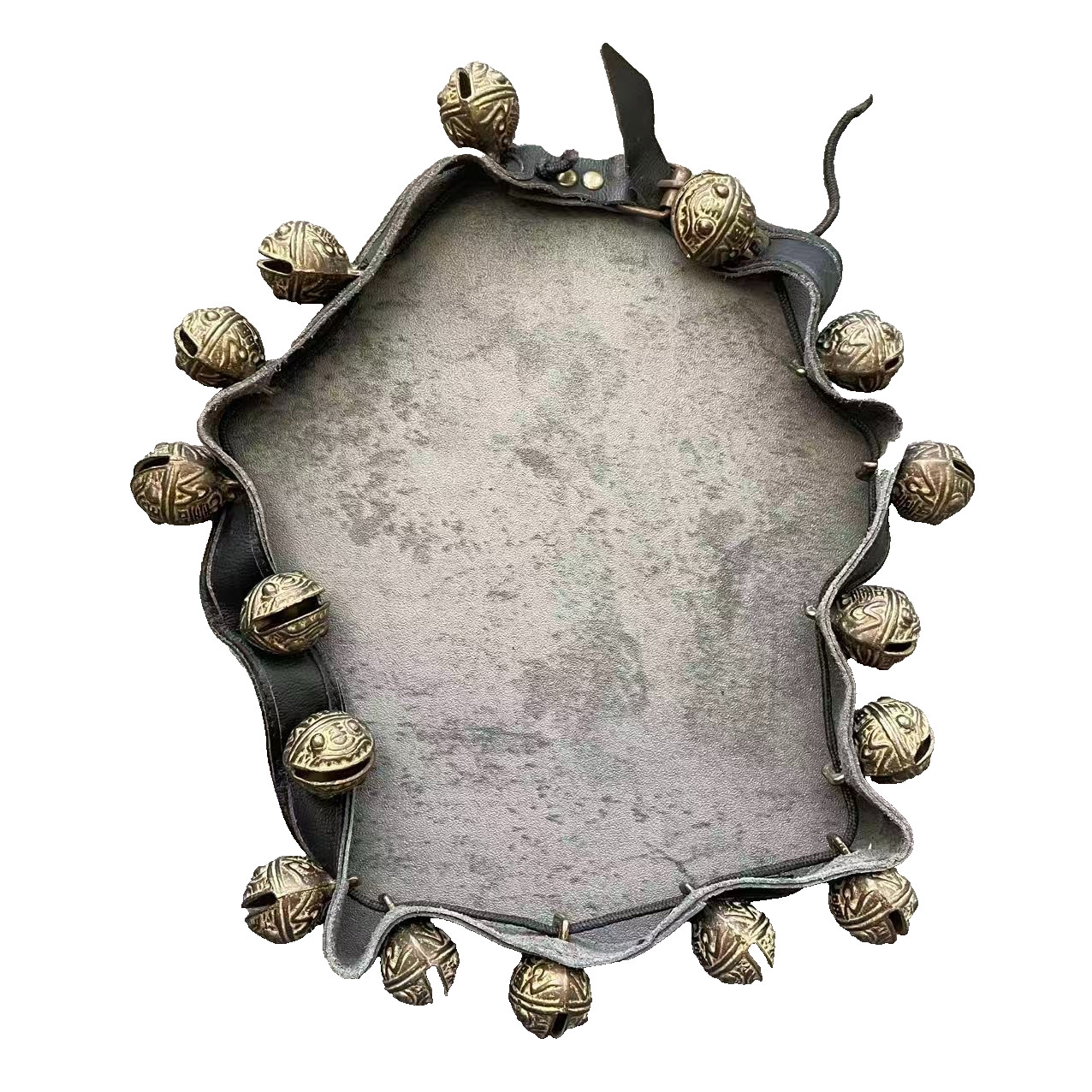 Antique Vintage Tibetan Brass Horse Bell Necklace 16 Bells Lion Head 42″ Leather