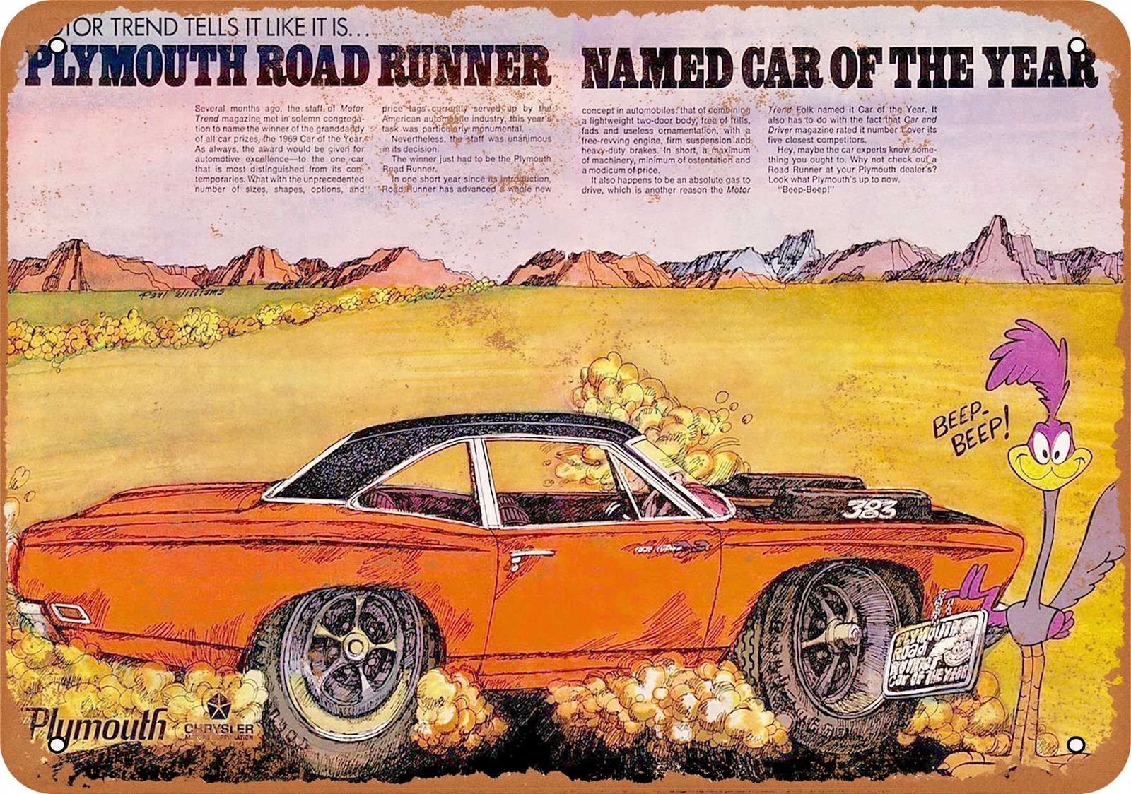 Metal Sign – 1969 Plymouth Road Runner Cartoon – Vintage Look Reproduction