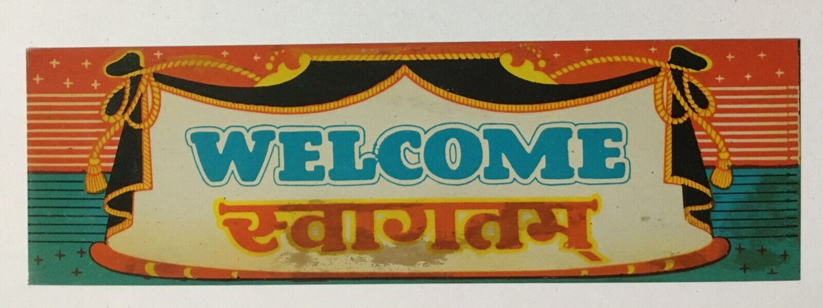 India Vintage 70’s Tin Sign WELCOME. appx 2.50in x 7.50in