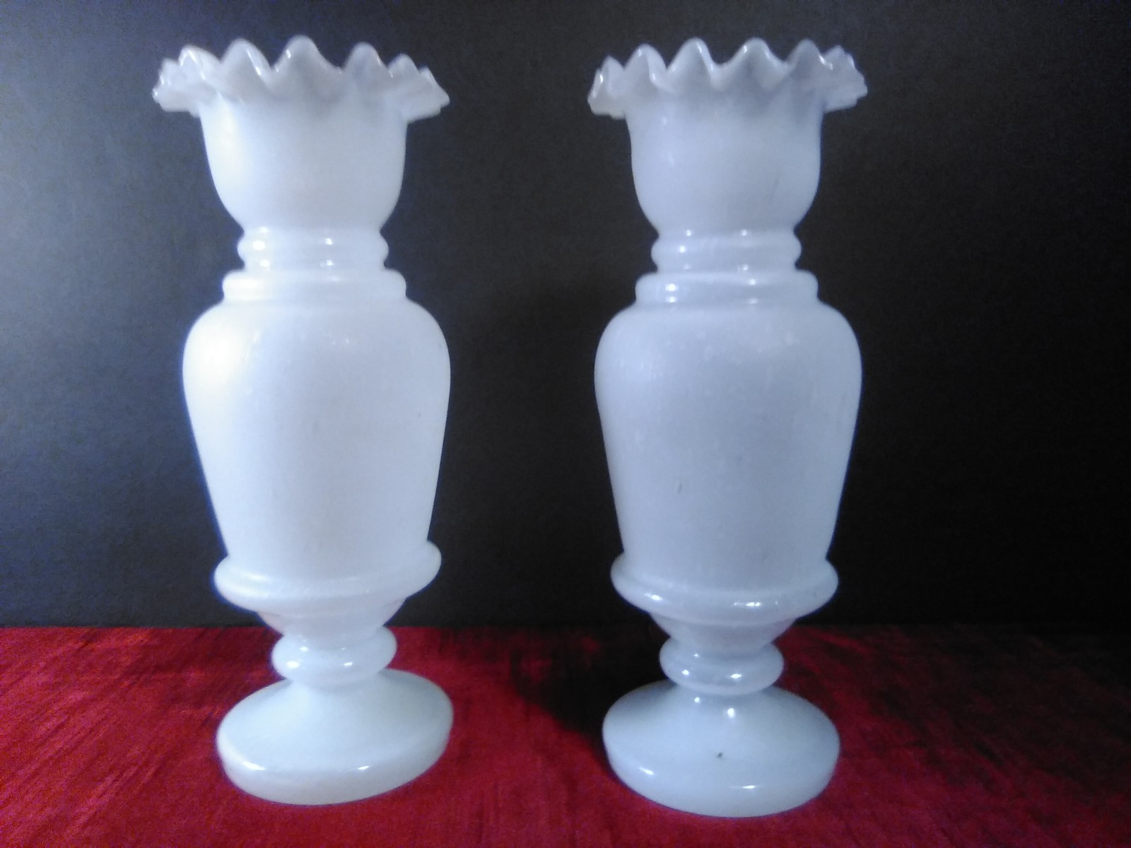Antique Pair of Satin Finished White Ruffle Top Bristol Glass Vases 7.25″ Mirror