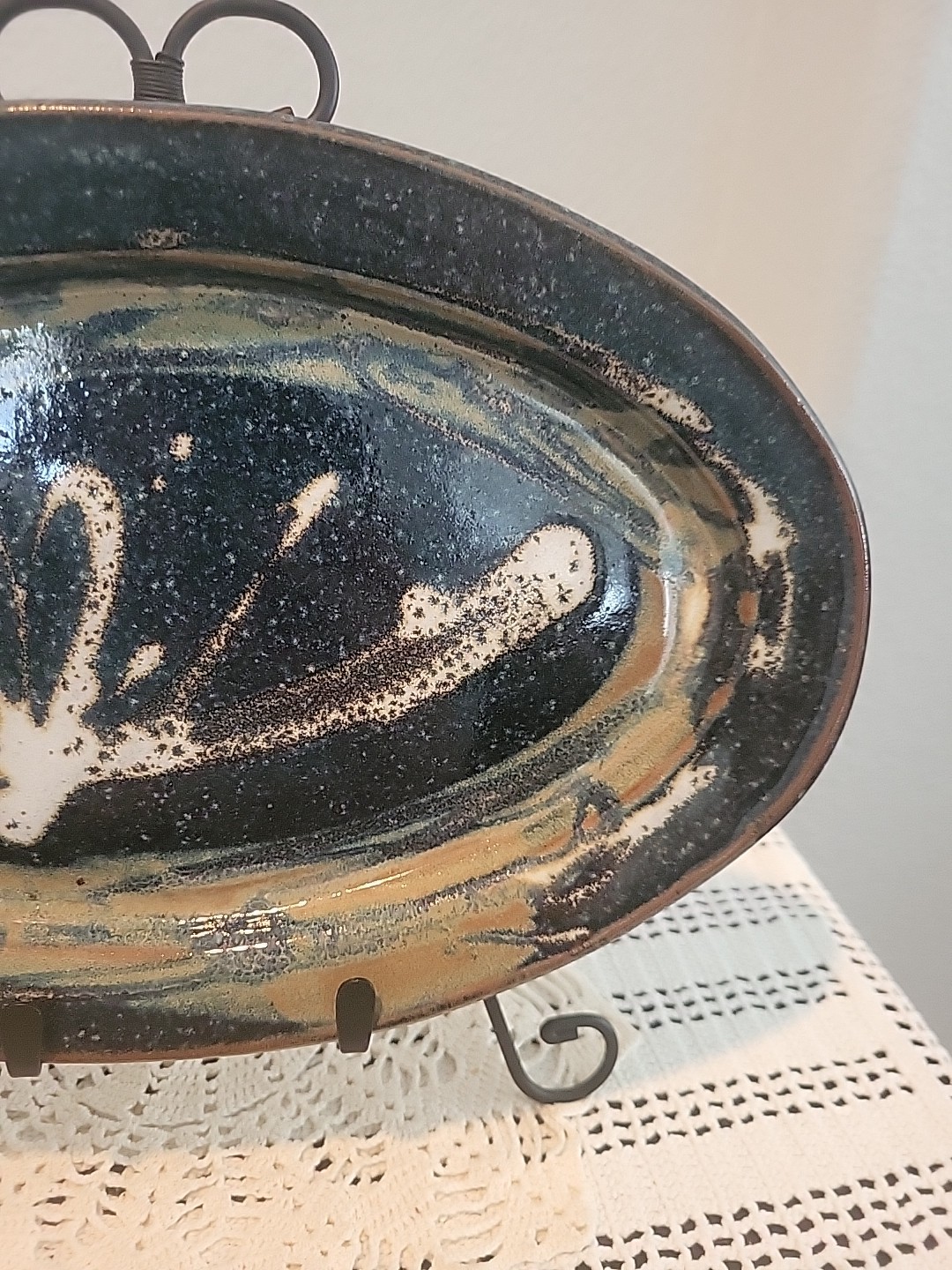 Oval Serving Platter Plate Abstract Dark Blue Multicolor Pottery Signed OOAK