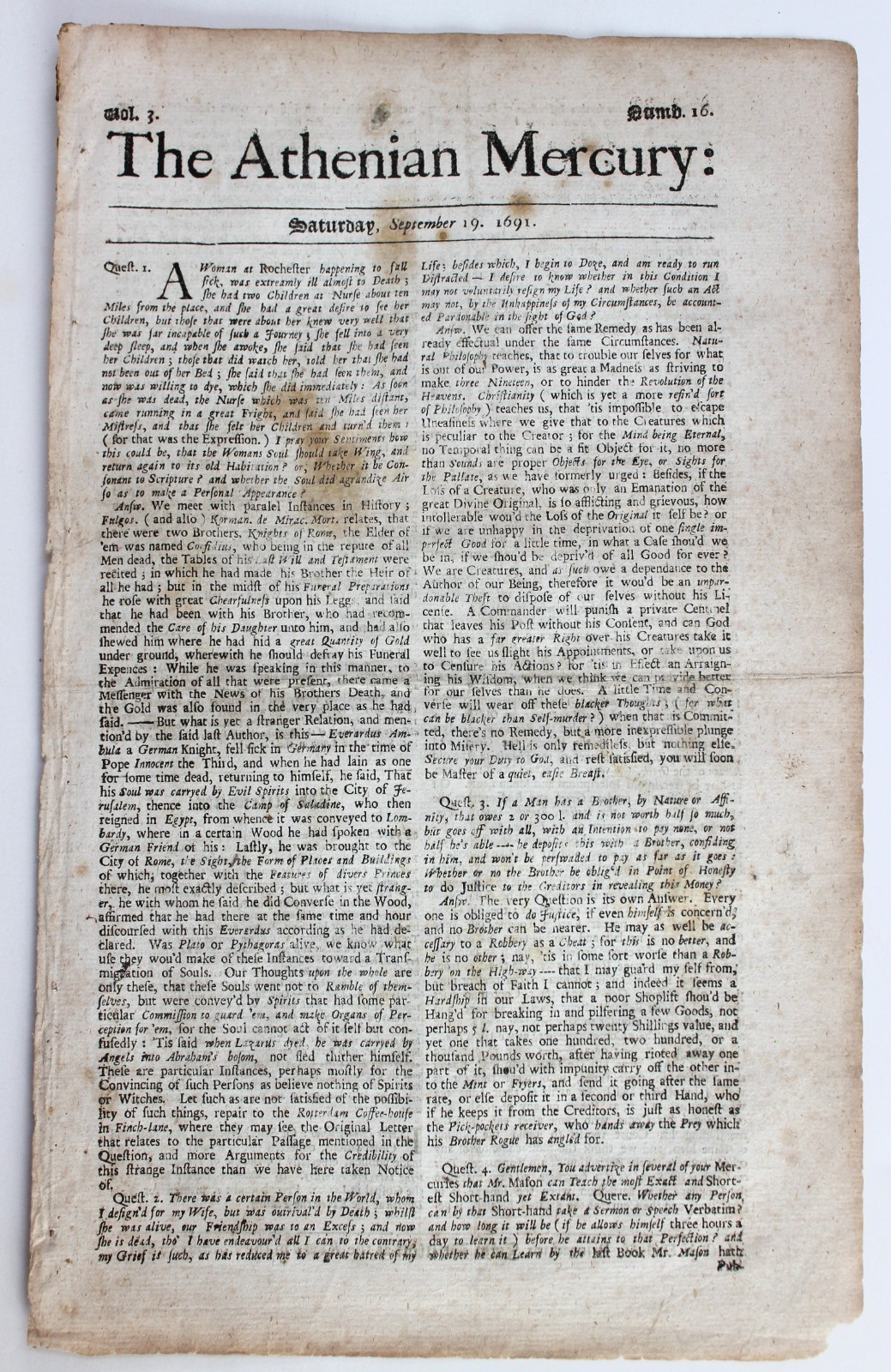 1691 The Athenian Mercury (Sept. 19) ~ (Occult) Dying Woman’s Out-of-Body Visit