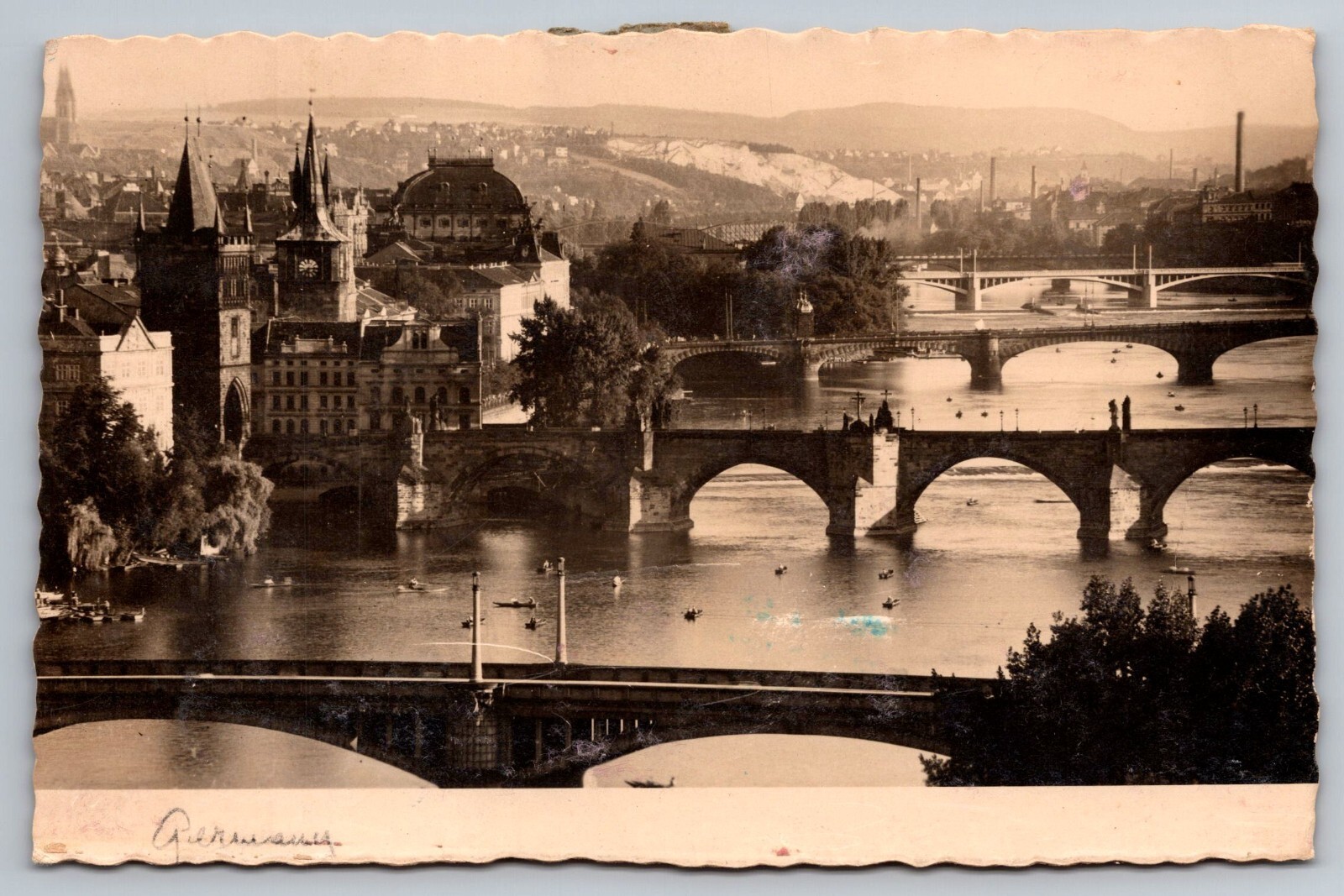 Bridges Over River Vltava, City View, Prague, Czechia RPPC Postcard