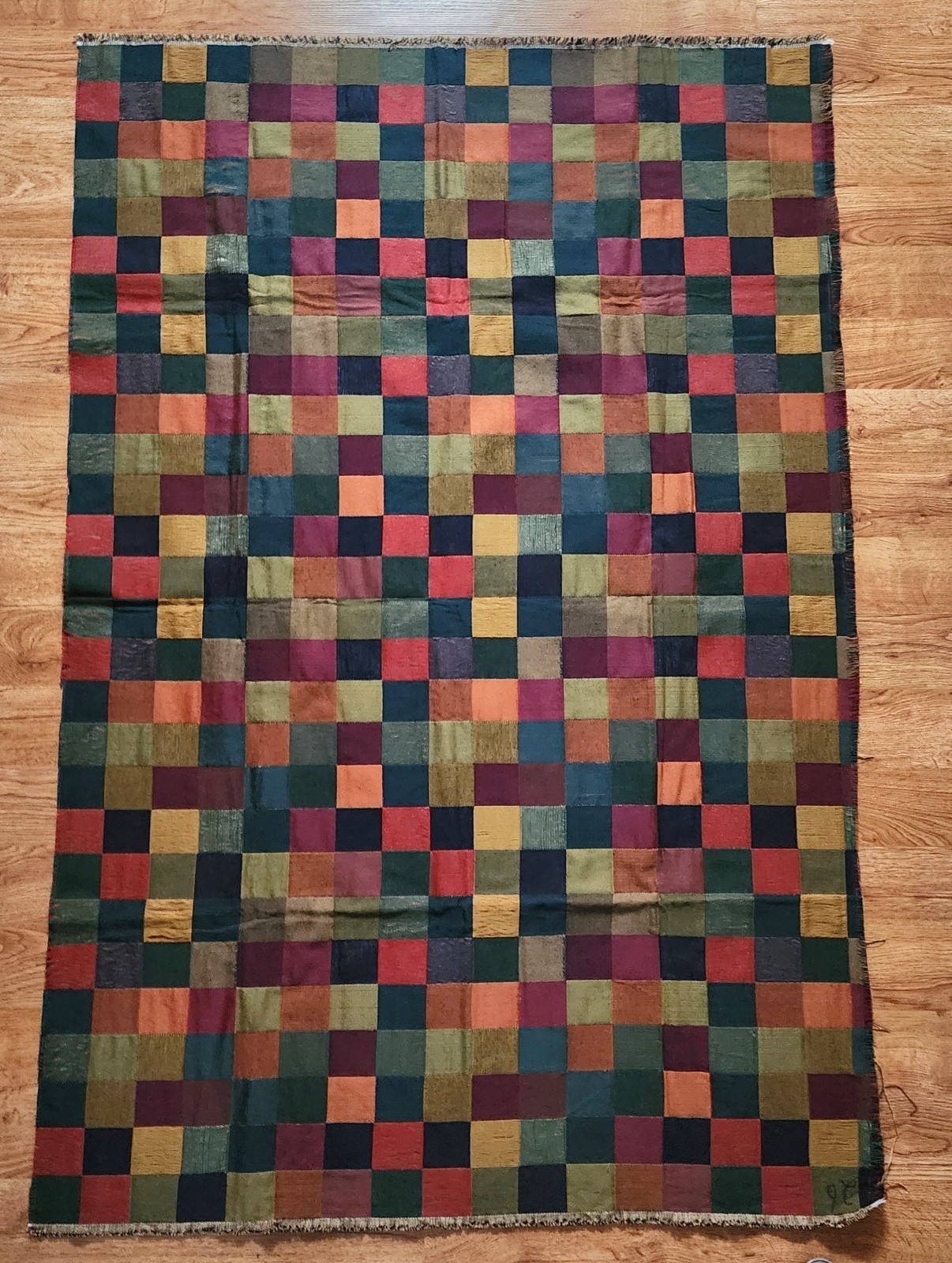 VTG 1970s MCM Upholstery Fabric Multicolor Squares Woven 38″x58″ Distressed