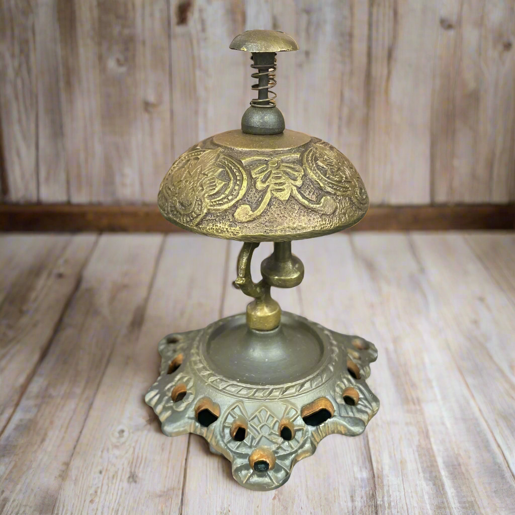 Hotel Desk Bell On Stand Solid Brass With Butterfly Engraving (5″ x 3.5″)